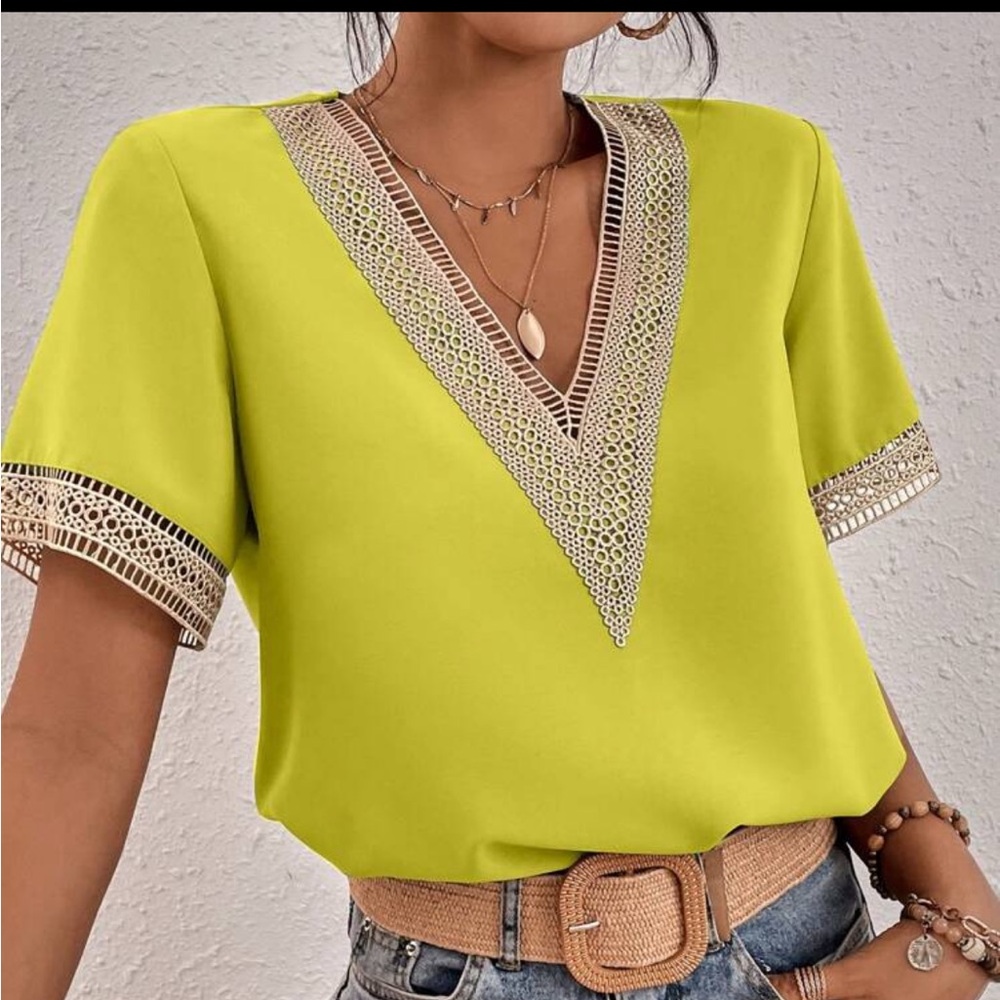 03 Bohemian V neck Lace Solid Minimalist Blouse - Picture 5 of 6